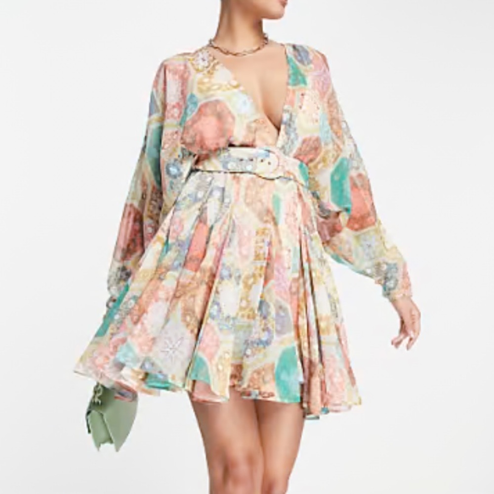 ASOS Design Mini Dress with Godet Detail Mixed Pattern Deel V Neck